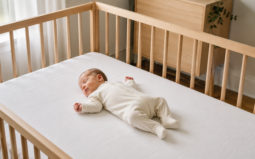 Newborn sleeping safely on their back in an empty cot