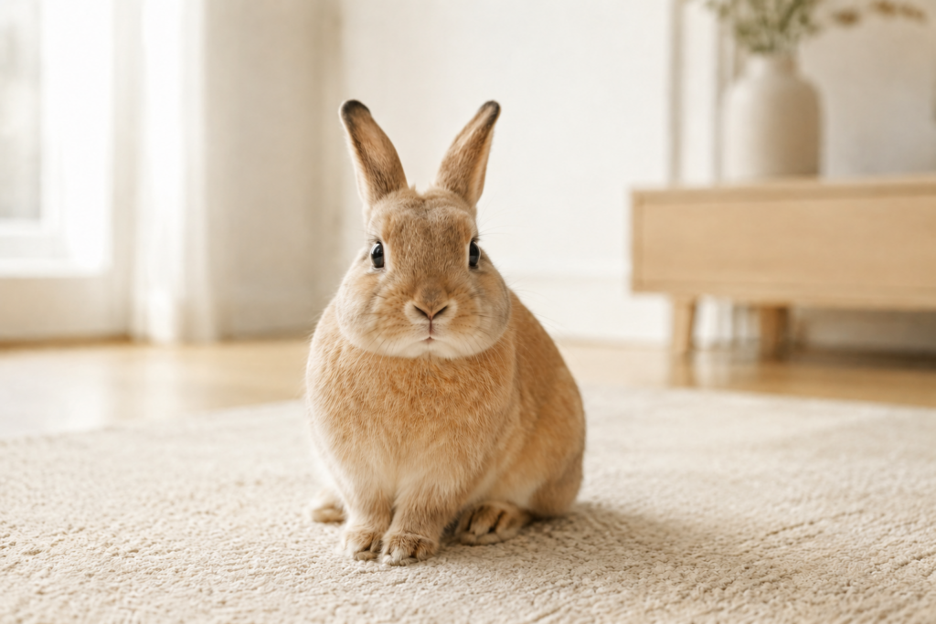 Brown rabbit sitting on a rug in a bright home