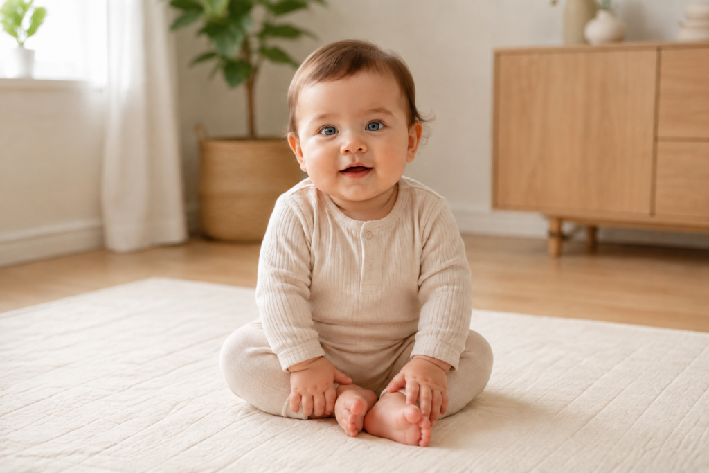 Blue-eyed baby sitting on a play mat in a bright home