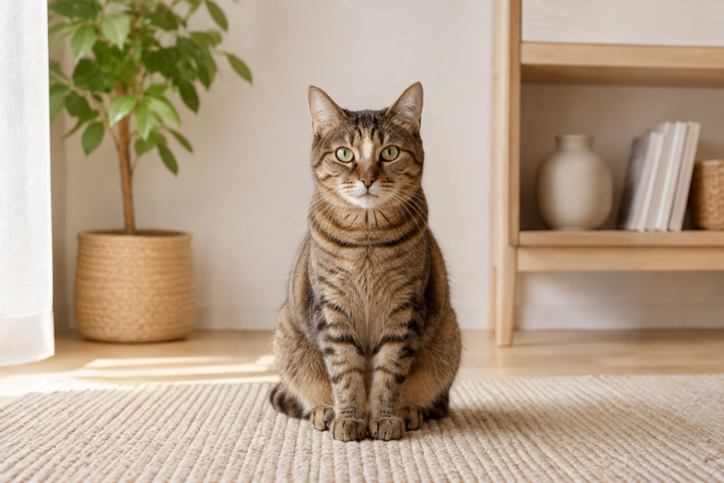 Tabby cat sitting on a rug in a bright home