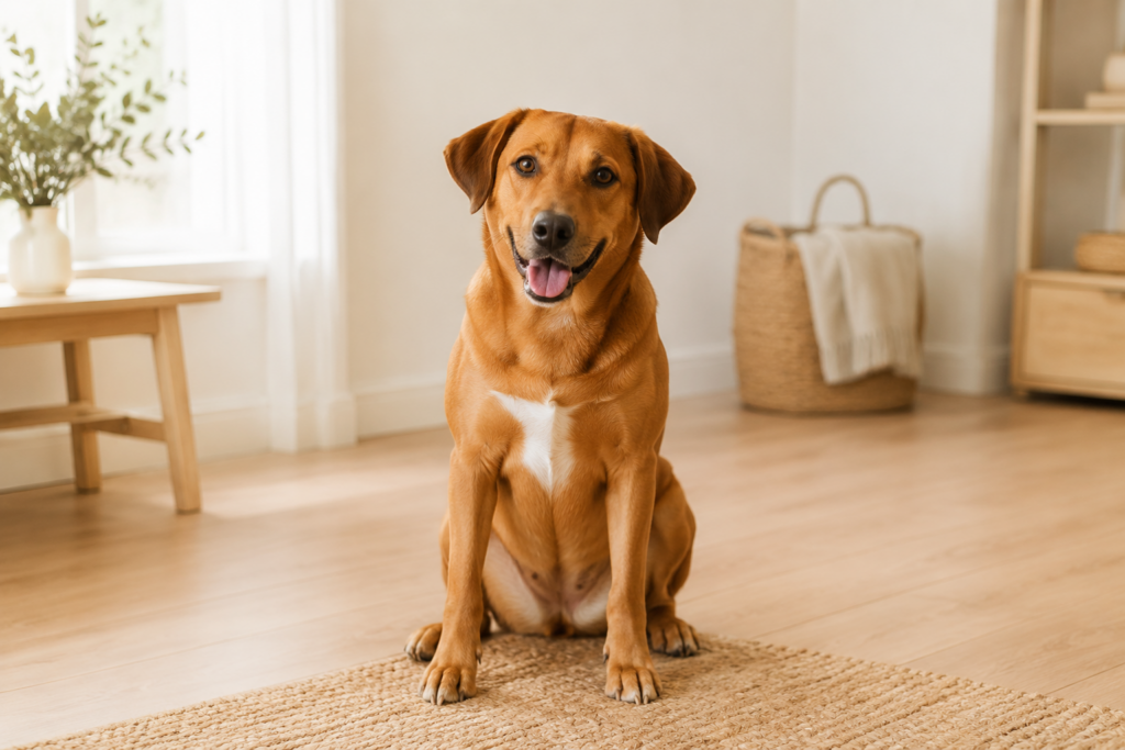 Beige dog sitting on a rug in a bright home