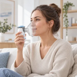 Woman using a FeelLife Air Kids nebuliser with an adult inhalation mask