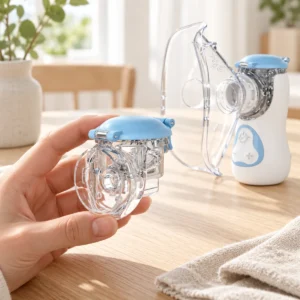 FeelLife Air Kids blue medication cup shown with nebuliser and adult mask