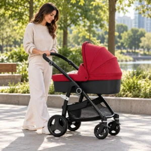 CBX Leotie Pure Crunchy Red stroller with carry cot in a park