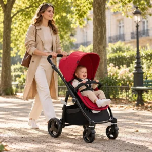 Parent walking with CBX Leotie Pure Crunchy Red stroller in a city park
