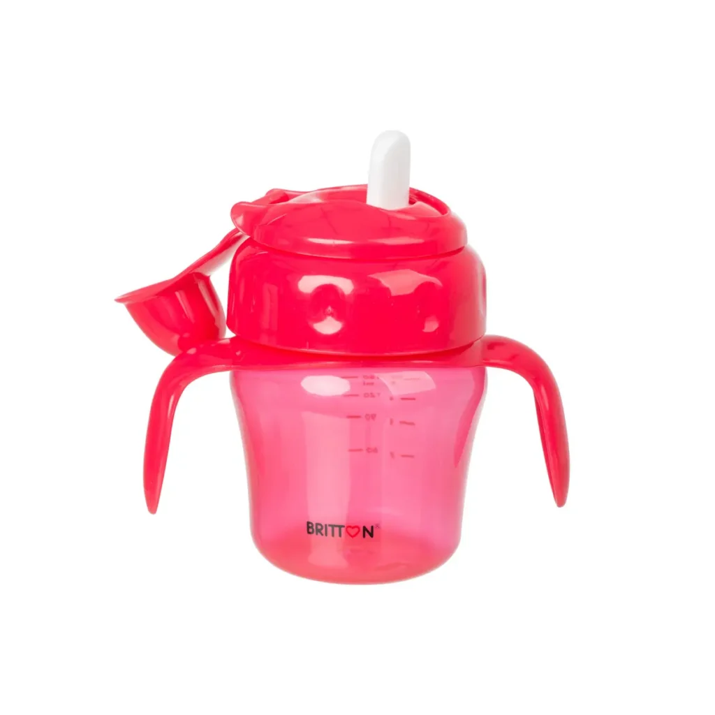 Britton red non-spill soft-spout cup 150 ml with lid open
