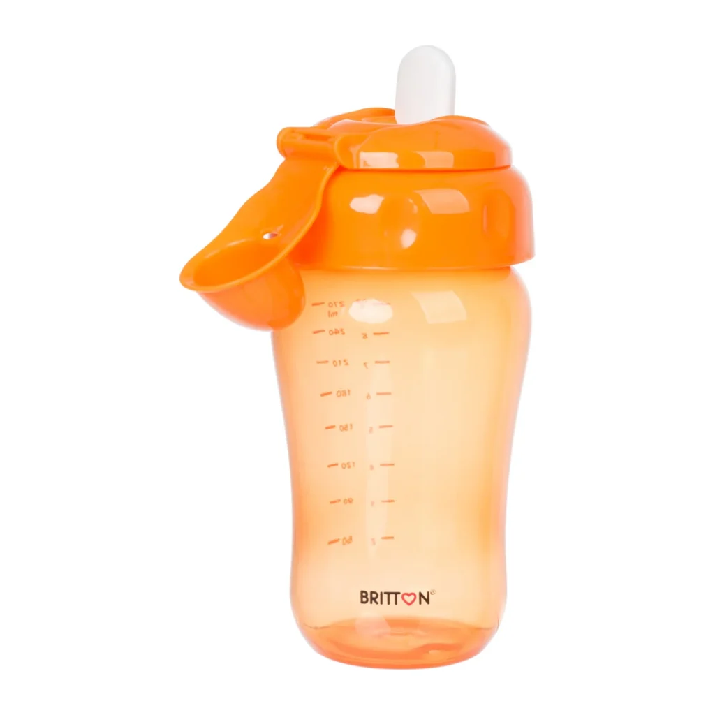 Britton 270 ml soft spout cup, orange, cap open