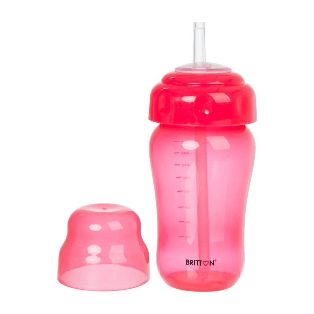 Britton 270 ml non-spill straw cup, red, straw open with separate protective cap
