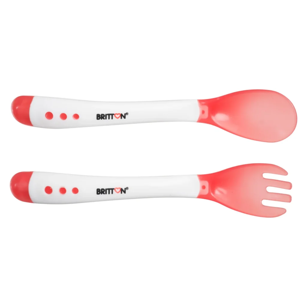Britton heat sensing fork and spoon set, red, on white background