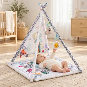 Baby playing on the Britton Dery play mat and teepee