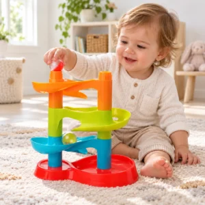 Toddler playing with the Britton Fun Balls Twin Tower ball run