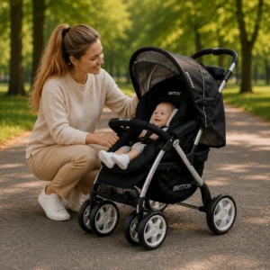 Baby in Britton Allroad black and grey pushchair