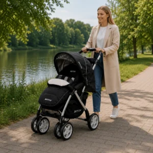 Britton Allroad black and grey pushchair walking lifestyle