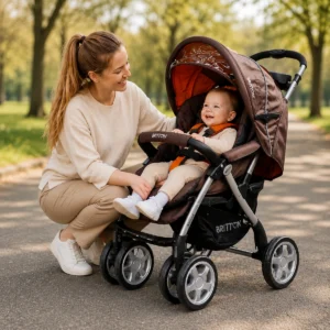 Baby in Britton Allroad brown and orange pushchair