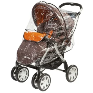 Britton Allroad brown and orange pushchair with rain cover