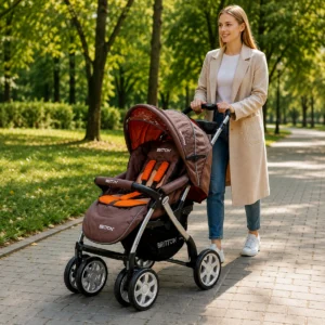 Britton Allroad brown and orange pushchair walking lifestyle
