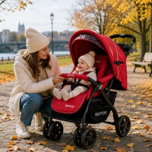 Baby in Britton Allroad red and black pushchair in autumn