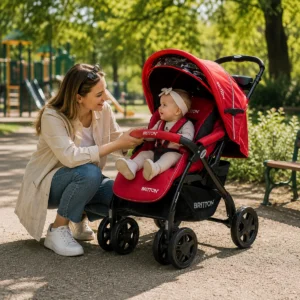 Baby in Britton Allroad red and black pushchair