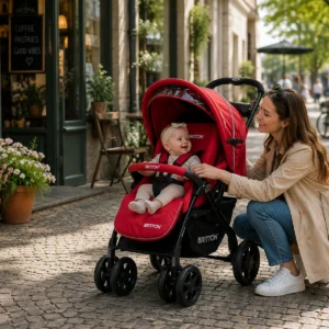Baby in Britton Allroad red and black pushchair in the city
