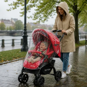 Britton Allroad red and black pushchair with rain cover