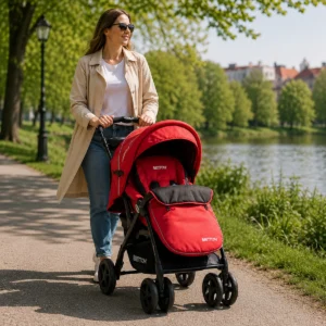 Britton Allroad red and black pushchair walking lifestyle