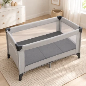 Britton Lagom travel mattress inside the Britton Compact travel cot