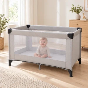 Baby inside the Britton Compact Quartz Grey travel cot