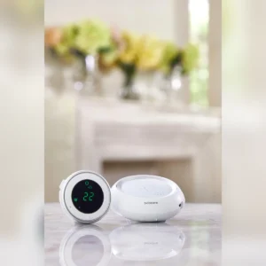 Bebcare Hear audio baby monitor set on a table – portrait view