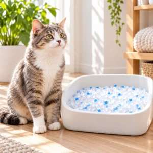 Cat beside a litter tray filled with KittyClean silica crystal cat litter