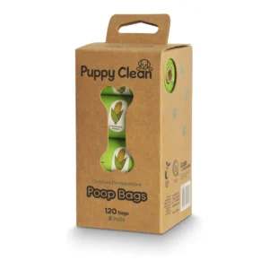 PuppyClean compostable dog poop bags, 120 bags – angled box view