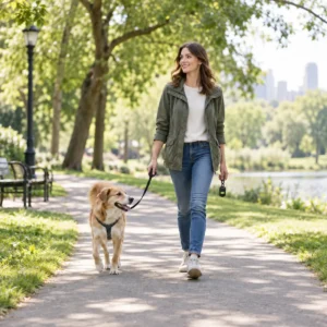 Dog owner walking with PuppyClean compostable dog poop bag dispenser