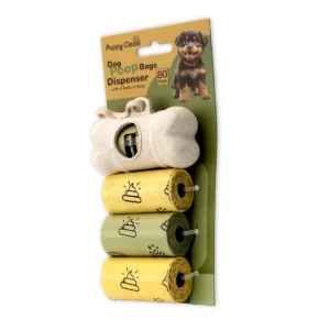 PuppyClean dog poop bag dispenser with four rolls – angled pack view