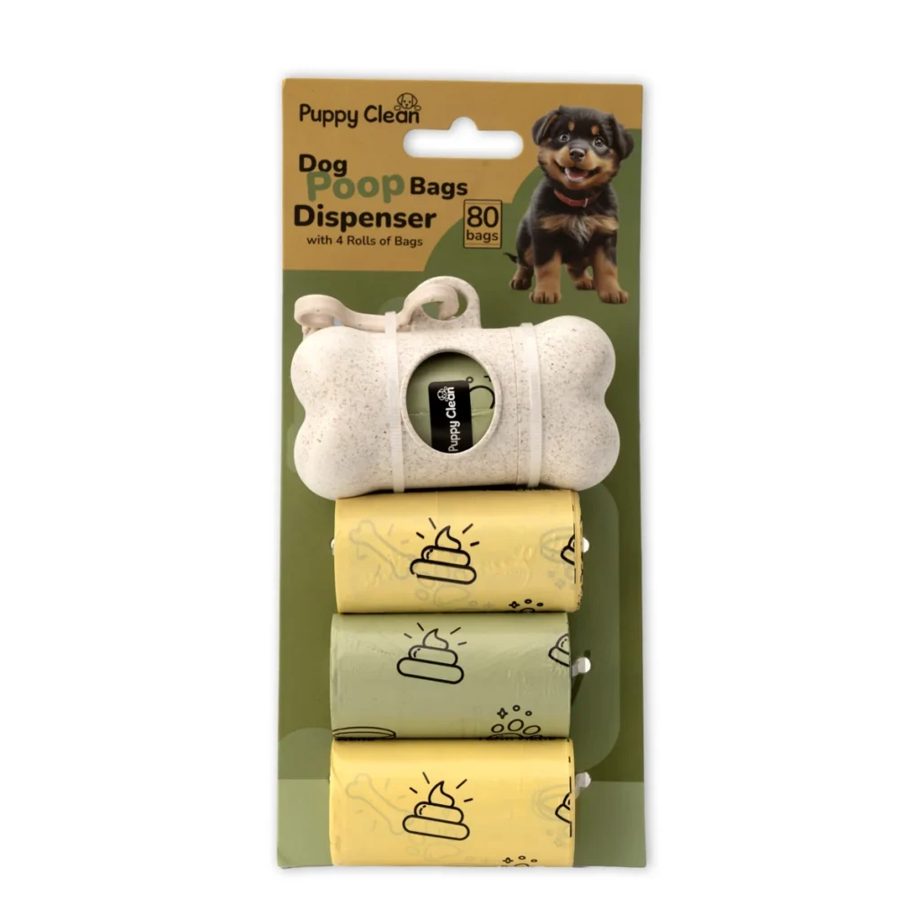 PuppyClean dog poop bag dispenser with 4 rolls and 80 bags – front pack view