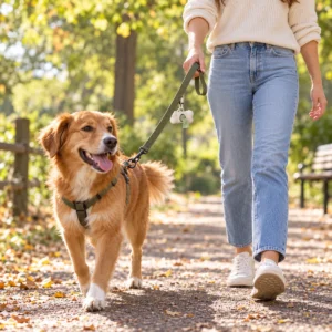 PuppyClean dog poop bag dispenser attached to a leash during a dog walk