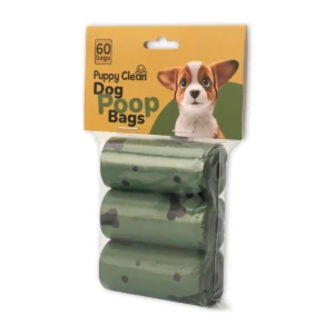 PuppyClean dog poop bags, 3 rolls and 60 bags – angled pack view