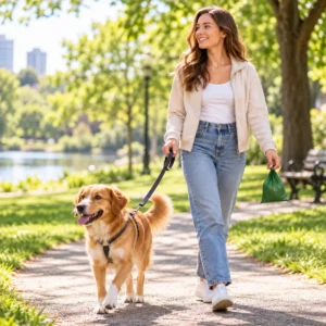 Dog owner carrying a PuppyClean poop bag while walking a dog in the park