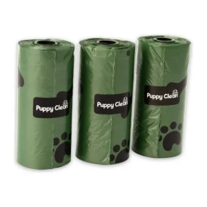 Three rolls of PuppyClean green dog poop bags, 60 bags in total