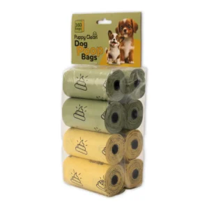 PuppyClean dog poop bags, 8 rolls and 160 bags – angled pack view