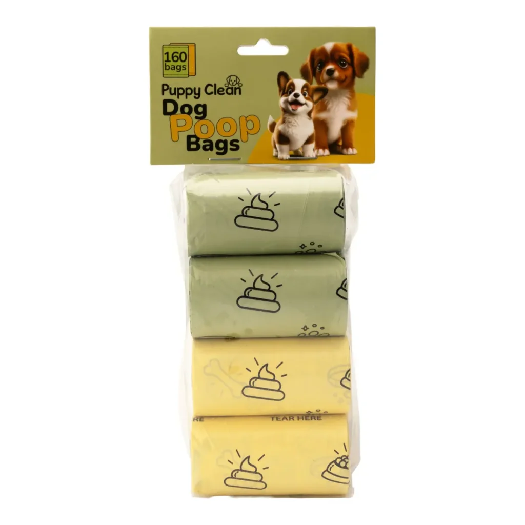 PuppyClean dog poop bags, 8 rolls and 160 bags – front pack view