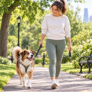 Dog owner carrying a PuppyClean poop bag dispenser while walking a dog in the park