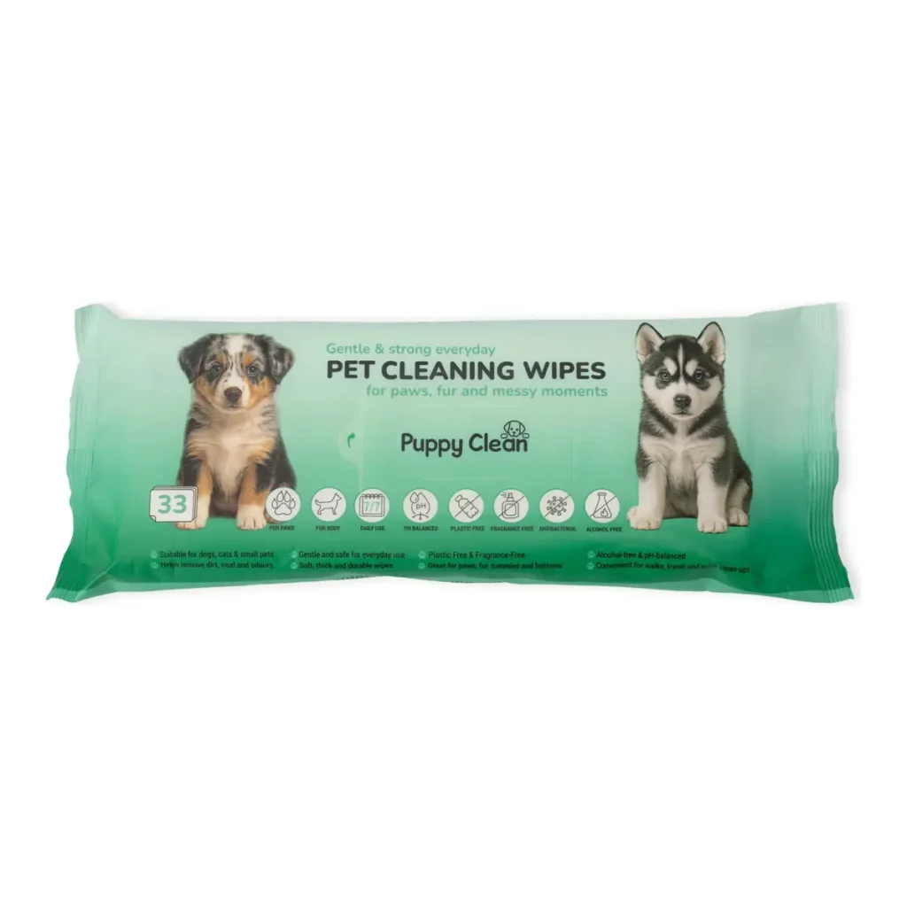 PuppyClean pet cleaning wipes, 33 wipes – front pack view