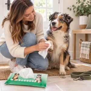 Woman cleaning a dog's muddy paw with a PuppyClean pet cleaning wipe