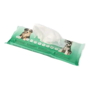 Open pack of PuppyClean pet cleaning wipes with a wipe pulled out – angled view