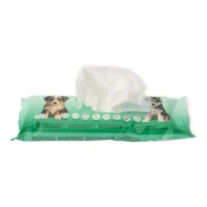 Open pack of PuppyClean pet cleaning wipes with a wipe pulled out – front view