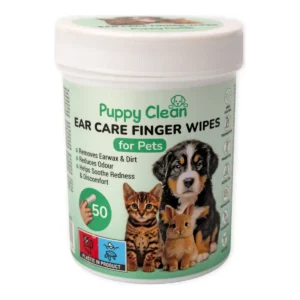 PuppyClean ear care finger wipes for pets, 50 wipes – angled view