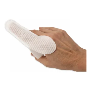 Textured PuppyClean ear care finger wipe worn on a finger