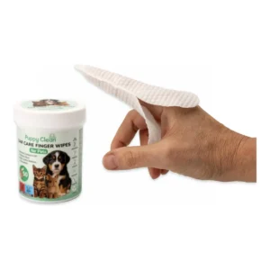 PuppyClean ear care finger wipe shown on a finger beside the product pack