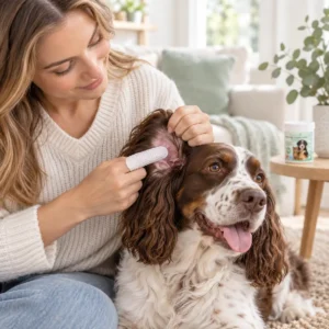 Woman cleaning a dog's ear with a PuppyClean ear care finger wipe