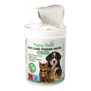 Open container of PuppyClean ear care finger wipes