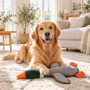 Dog with PuppyToys Mallard Duck plush toy